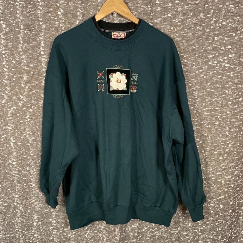 Vintage Top Stitch Green Pullover Sweater Embroidered Flower Women's 2X